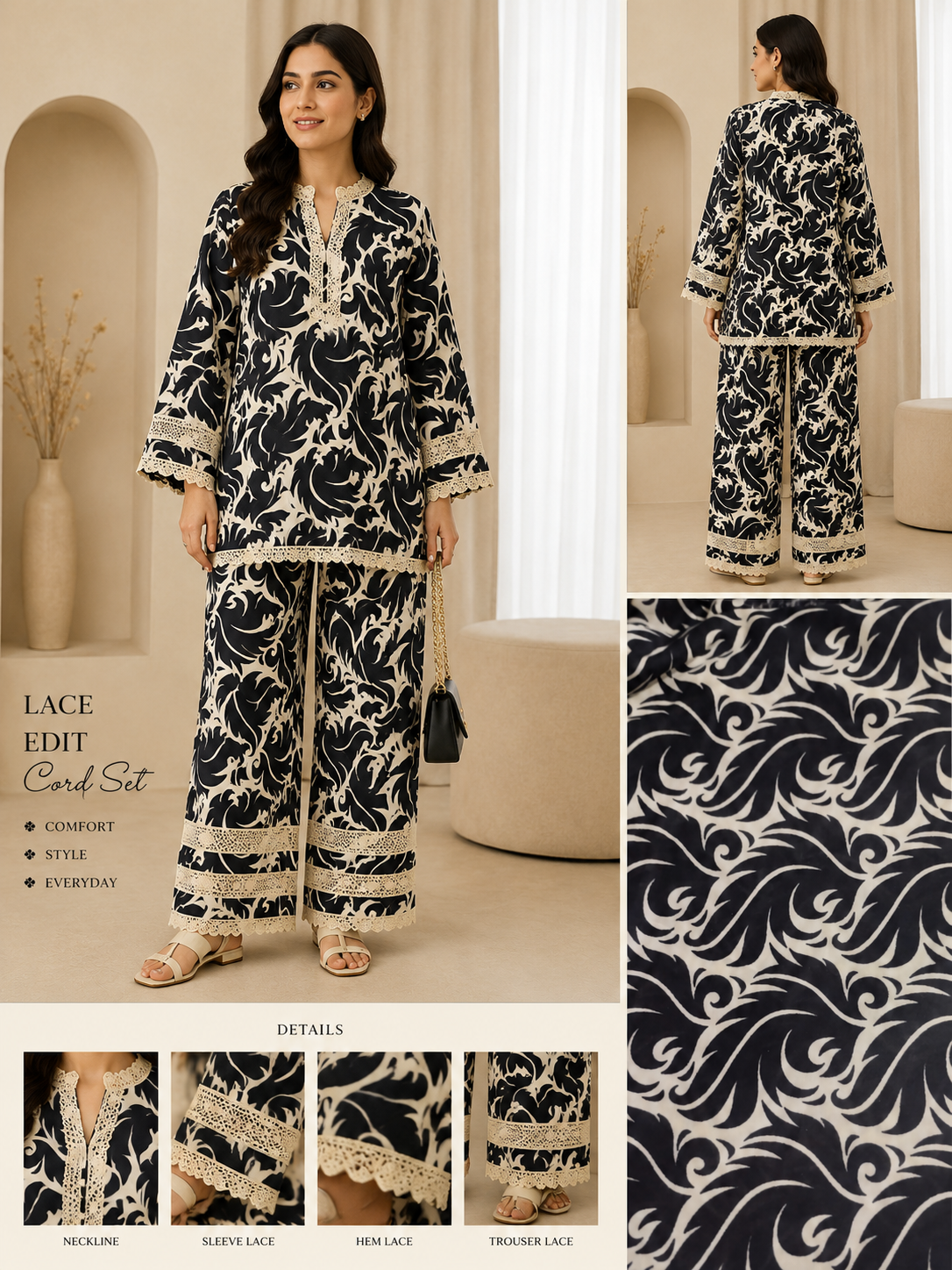 2pc Unstiched Printed Cord Set-Black