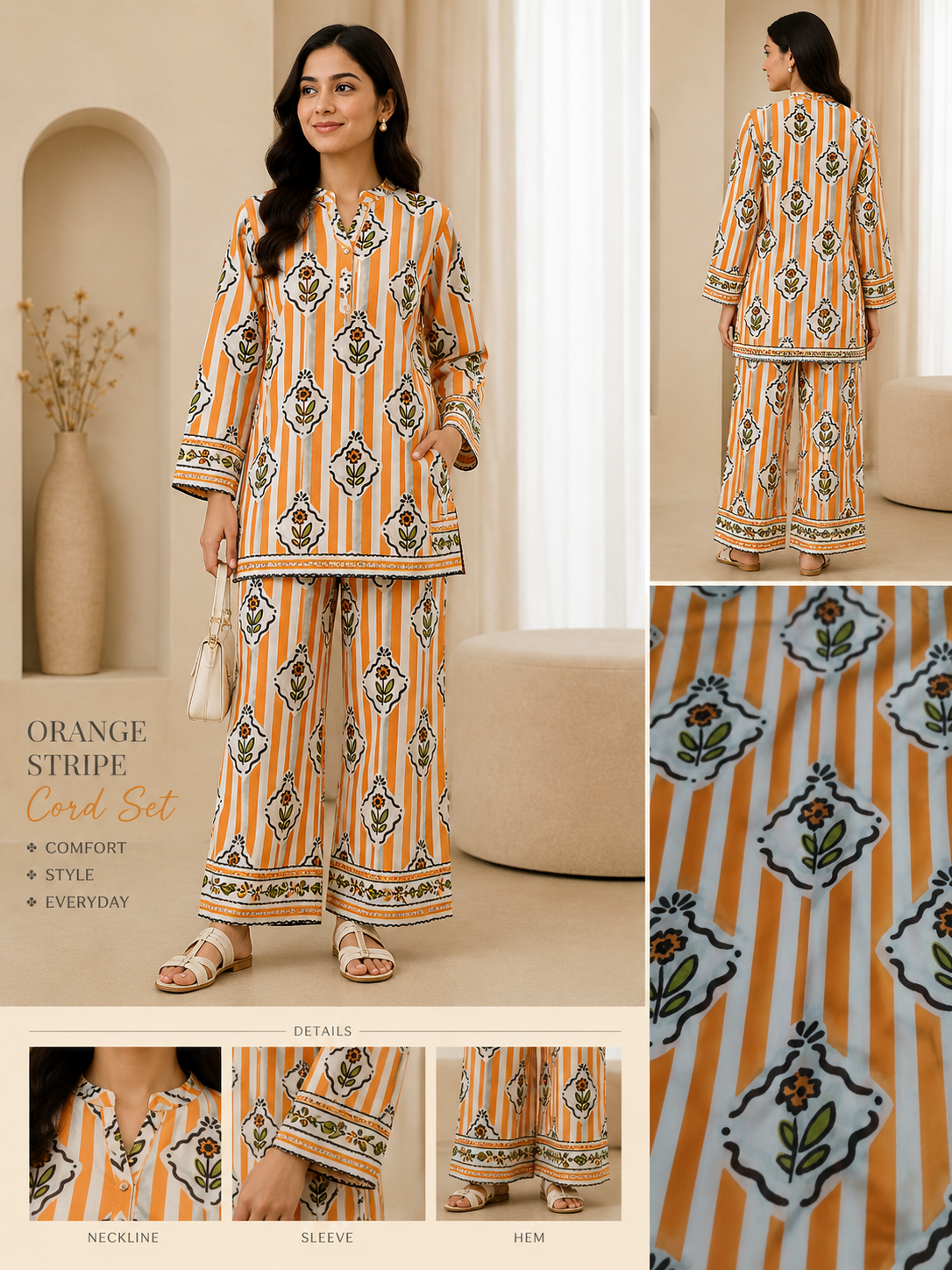 2pc Unstiched Printed Cord Set-Orange