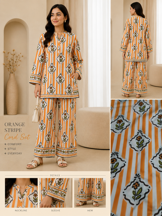 2pc Unstiched Printed Cord Set-Orange