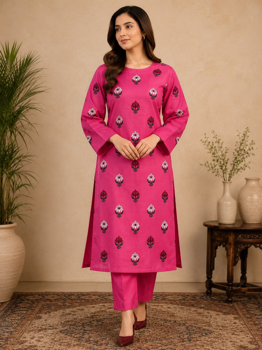 2pc Embroidered Leaf Lawn-Pink