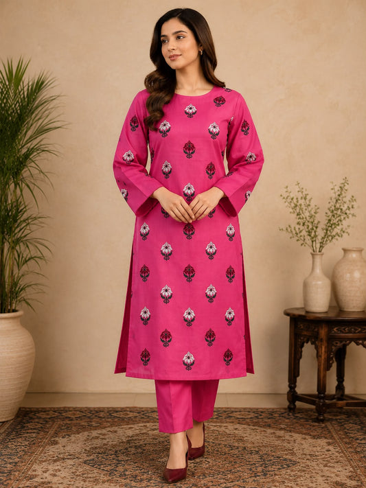 2pc Embroidered Leaf Lawn-Pink