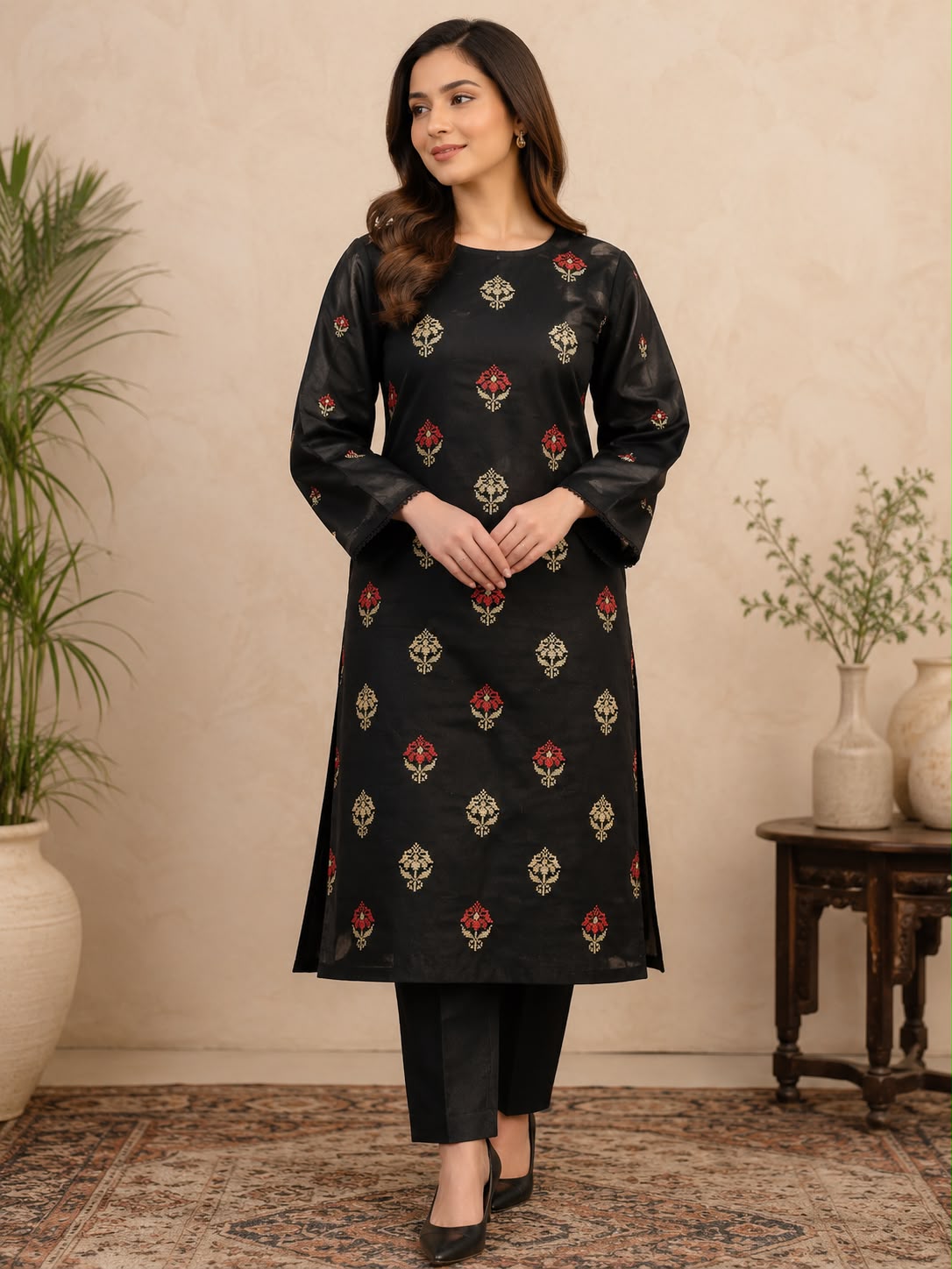 2pc Embroidered Leaf Lawn-Black