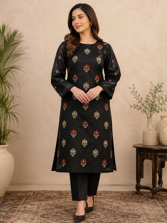 2pc Embroidered Leaf Lawn-Black