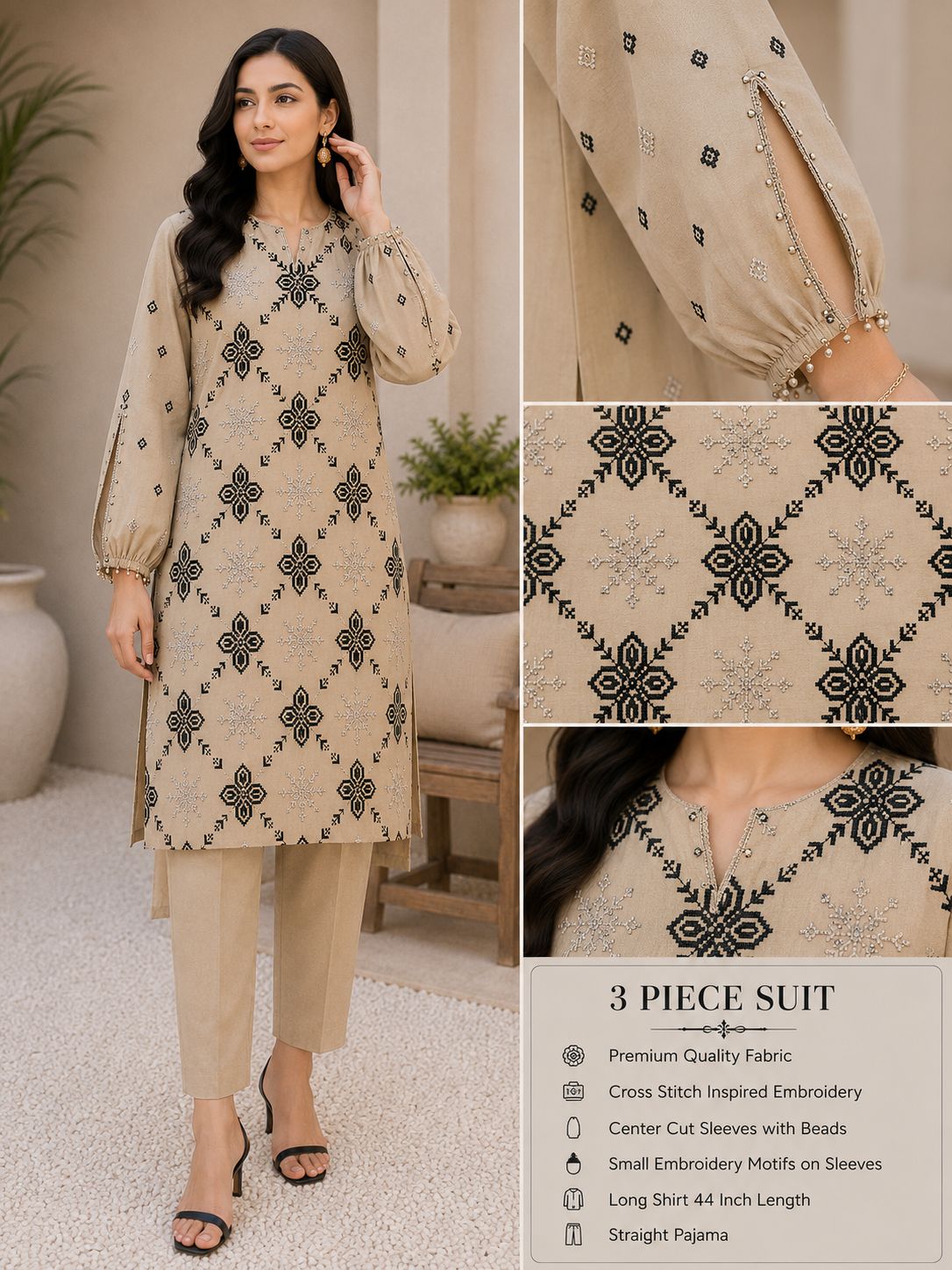 2pc Unstiched Cross Stitch Embroidered Lawn